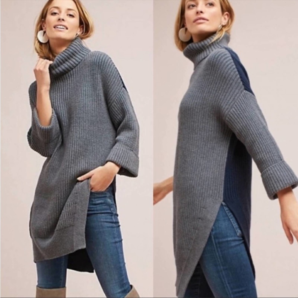 Anthropologie Moth Navy Gray Color Block Turtleneck Ribbed Tunic Sweater Size M